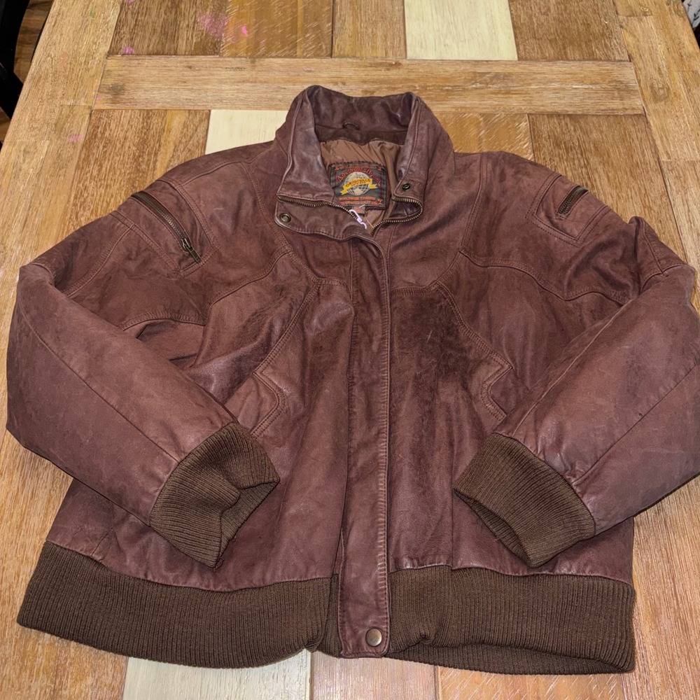 Adventure Bound Bomber Jacket Women XXL Brown Good Vintage Leather Zip Up